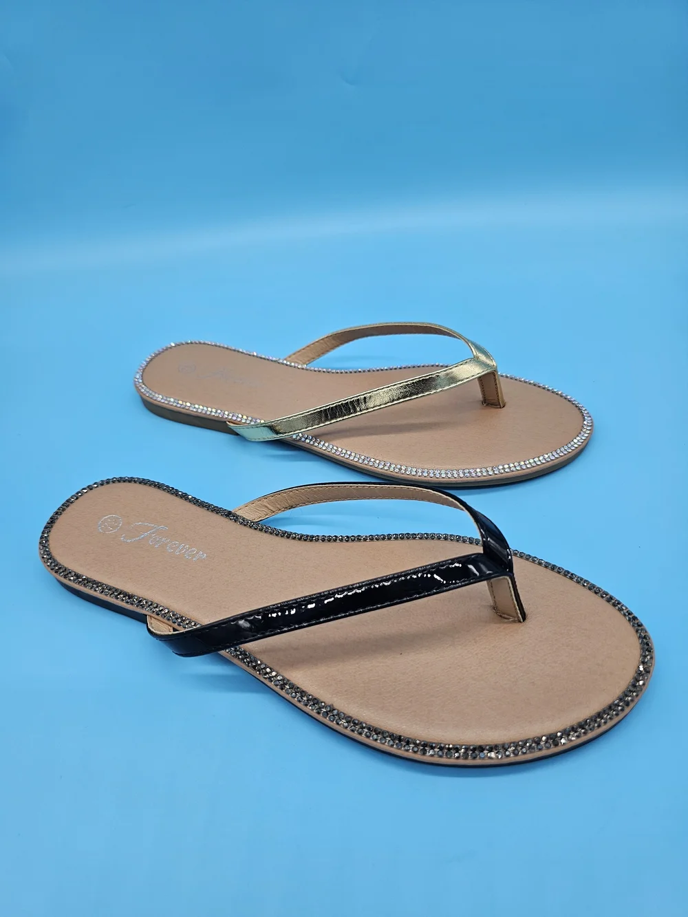 Women’s Metallic Gold Rhinestone Trim Flip Flop Sandals - Picture 4 of 6